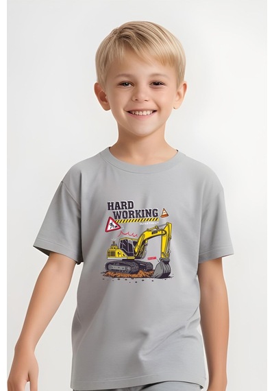 Fyk Kids Erkek Çocuk Tişört-şort Hard Working Baskılı Alt-üst Takım Gri