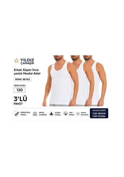Yıldız Çamaşır Erkek Yazlık Süper İnce Modal Atlet 120-121 - 3 Adet Beyaz