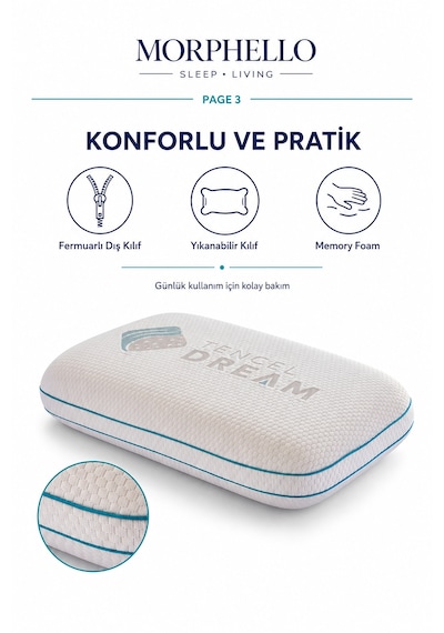 Morphello Visco Relax Memory Foam Boyun Destekli Yastık 40x60 Cm Tencel Fermuarlı Yıkanabilir Kılıf Görsel Üzerindeki Daha Sade İsim İse: Beyaz