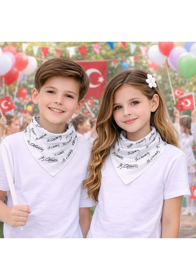 Herşeynota Beyaz Atatürk İmza Desenli Kare Fular Bandana 10 Lu Set Unisex Çok Renkli