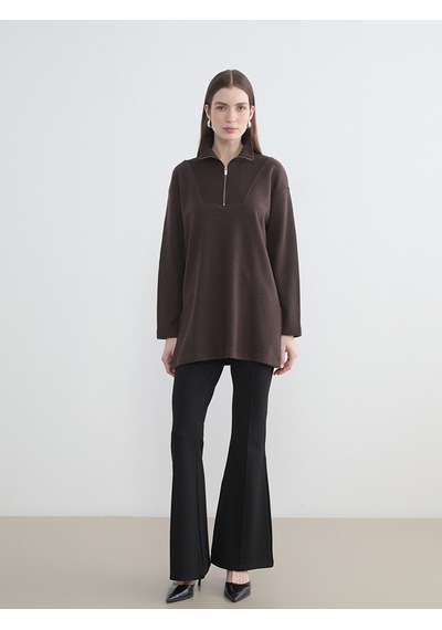 Lcw Modest Kahverengi Dik Yaka Kadın Sweatshirt Tunik