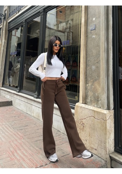 Out Of Standart Kadın Wide-leg Kalıp Beli Lastikli Kordon Detaylı Eşofman Altı Kahve