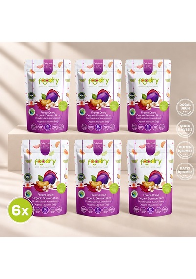 Foodry Dondurularak Kurutulmuş Organik Mürdüm Eriği Freeze Dry Damson Plum Katkısız Çıtır Meyve Atıştırmalığı 6 x 17 G