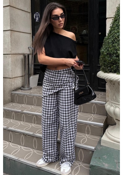Madmext Siyah Fularlı Ekose Pantolon Mg2734