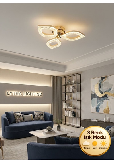 Yonca Model Gold 3"lü Ledli 3 Renk Modu Kristal Salon Mutfak Yatak Çocuk Odası Avize Altın