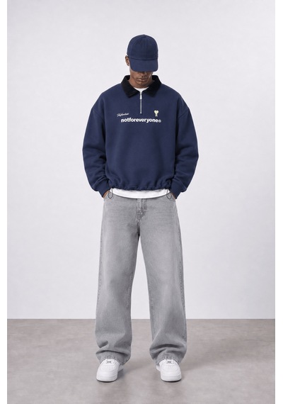 Respire Erkek Not For Everyone Nakışlı Polo Yaka Oversize Sweatshirt Lacivert