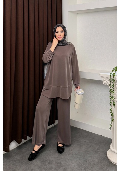 Mihran Butik Kalina Model İthal Pike Kumaş Cep Detaylı Kadın Takım Kahverengi