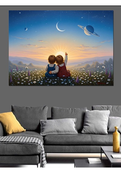 Çiçekli Kırsalda Gökyüzünü Seyreden İki Küçük Çocuk İllüstrasyonu Dekoratif Kanvas - Mdf Ahşap Tablo