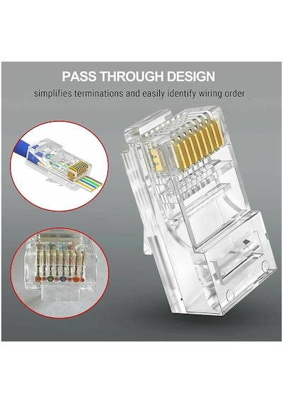 Koodmax - 100 Adet - 3u" 3 Micron Gold Plated Cat6 Ez Rj45 Yeni Nesil Delikli Konnektör Uç Jack
