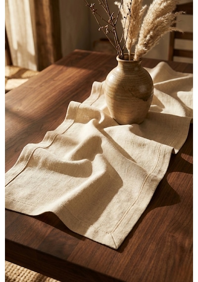 Lınen Organik Ham Keten Runner Naturel 40 X 110 Cm Bej