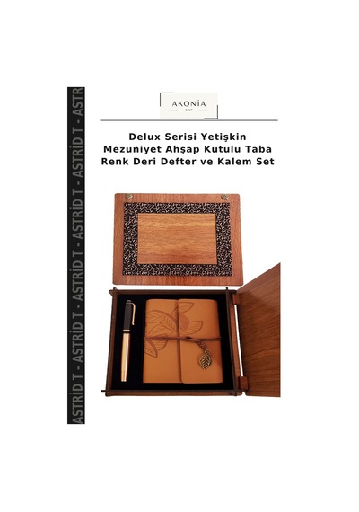 Delux Serisi Yetişkin Mezuniyet Ahşap Kutulu Taba Renk Deri Defter Ve Kalem Set Çok Renkli