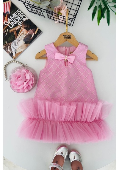 Miniğimin Cicileri Sim İşlemeli Fiyonk Detaylı Tül Etekli Kız... Pembe