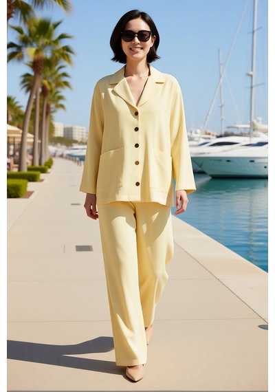 Benerly Kadın Büyük Beden Oversize Ceket Yaka Cepli Müslin Takım %100 Pam Sarı Benerly Kadın Büyük Beden Oversize Ceket Yaka Cepli Müslin Takım %100 Pam Sarı