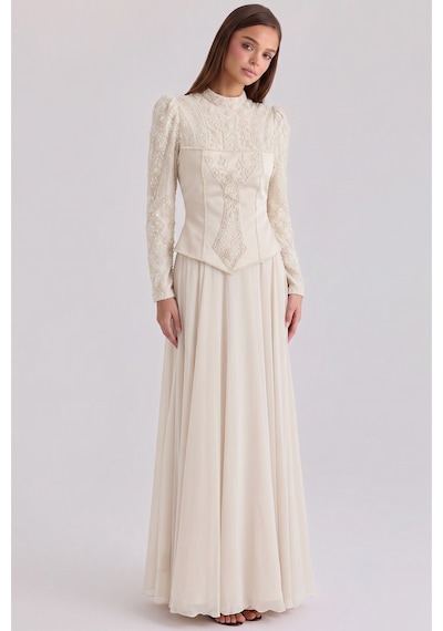 Olcay Taş Ve Pul Bezeli Çıkabilen Korseli Exclusive Tesettür Abiye Elbise Krem 1094