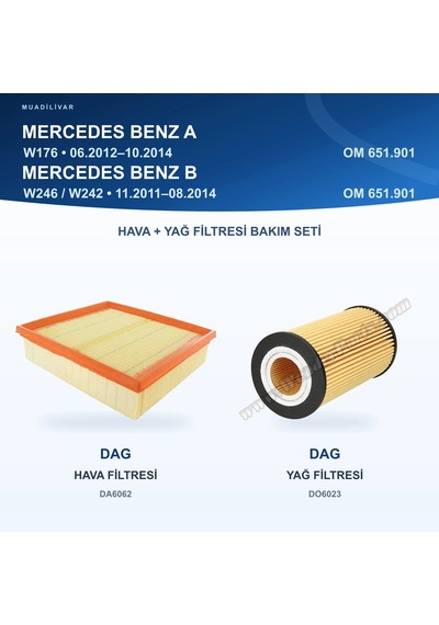 Mercedes Benz A W176 / B W246 W242 Om651.901 Dag Hava Ve Yağ Filtresi Bakım Seti