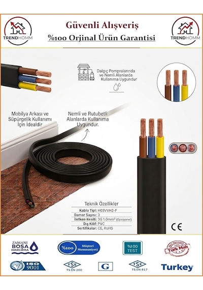 Trendhomm 3x1.5 Ttr Yassı Elektrik Kablosu - %100 Bakır - 4 Metre