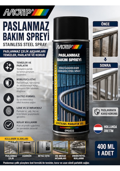 Motip Paslanmaz Bakım Spreyi Çelik Aksamları Temizleme Spreyi 400 Ml 1 Adet Hollanda Üretim
