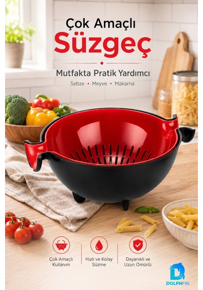 Çok Amaçlı Süzgeç Ve Badya Seti 30x25x13 Cm Sebze Meyve Makarna Süzme Kabı Bpa İçermez Kırmızı - Siyah