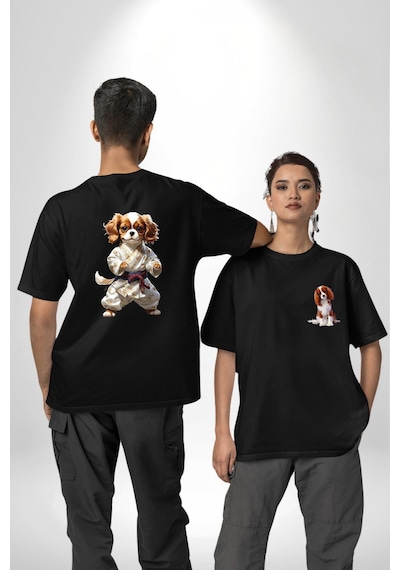 Cavailer King Charles Spaniel Karate Siyah Oversize Unisex Ön Ve Sırt Baskılı Tişört Siyah