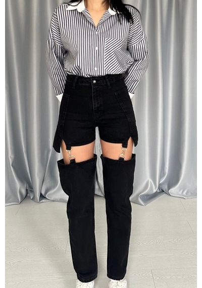 Alemdarshop Siyah Askılı İki Parça Jeans Pantolon