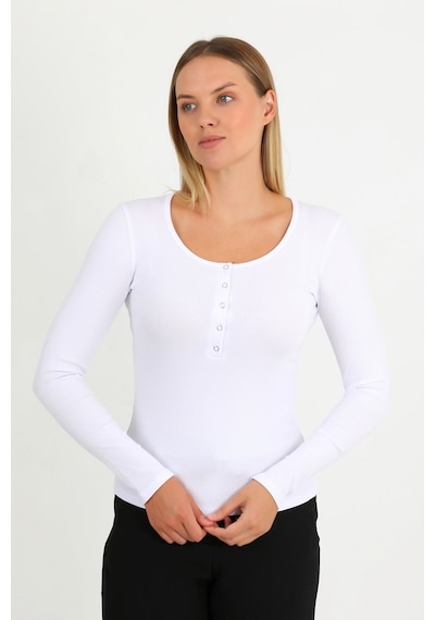 Hdm Kadın Beyaz Uzun Kollu Fitilli Patlı Çıtçıtlı Basic Örme Bluz - H6172