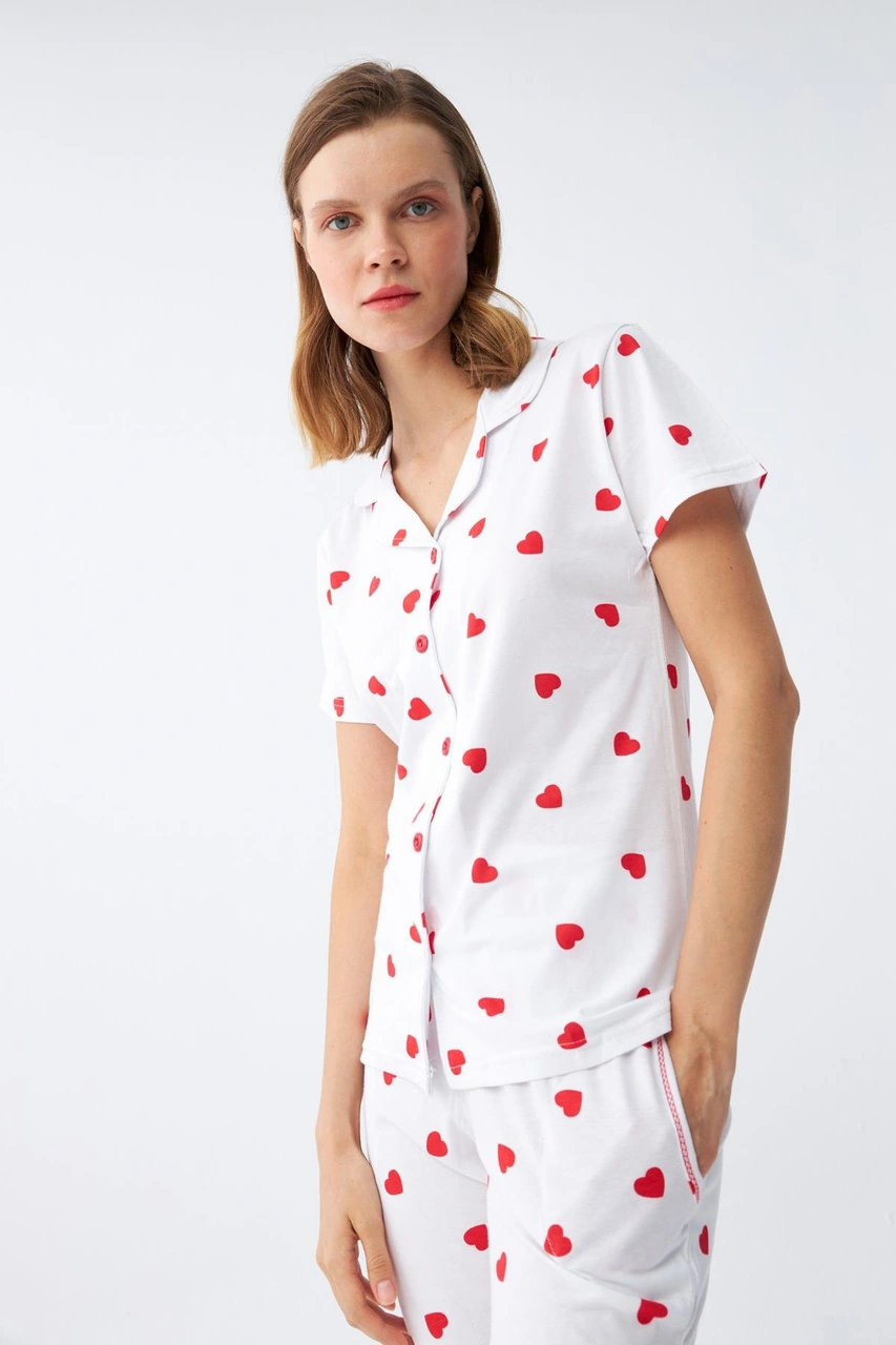 Akbeniz Kadın Beyaz Kırmızı Kalpli Önden Düğmeli Pijama Takımı Beyaz
