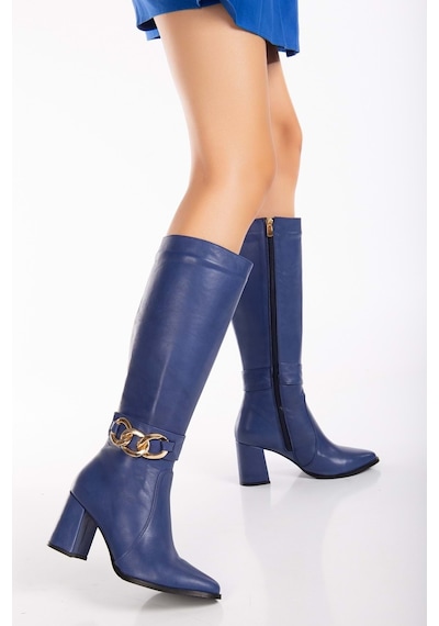 Analin Shoes Kadın Hakiki Deri Toka Detaylı Çizme Saks Mavi