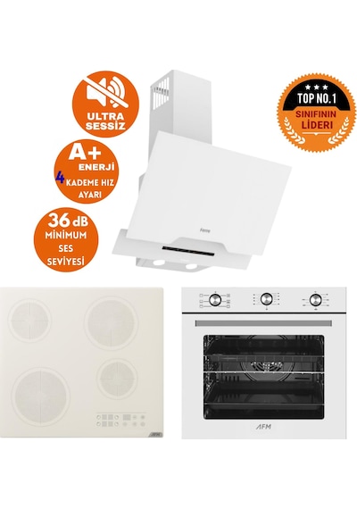 Afm Tech Ve Ferre Raleo Ultra Sessiz Elektrikli Vitro Beyaz D064-SA + V5-04 + FM7601 Ankastre Set