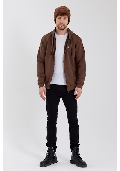 Polostate Erkek Fermuarlı Kanguru Cep 3 İplik Sweatshirt Kahverengi