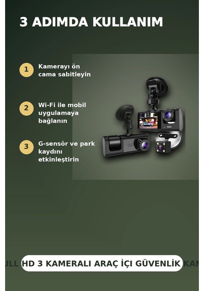 1080p Full Hd 3 Kameralı Wi-fi Araç İçi Kayıt Cihazı Ve Park Modlu Güvenlik Kamerası Seti