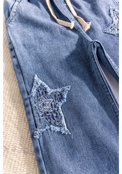 Babymod Yıldız Detaylı Beli Lastik Belli Bol Paca Denim Kız Çocuk Pantolon Mavi