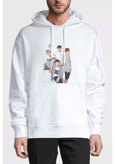 By Monsta X Minhyuk I M Baskılı Beyaz Erkek Örme Kapşonlu Sweat