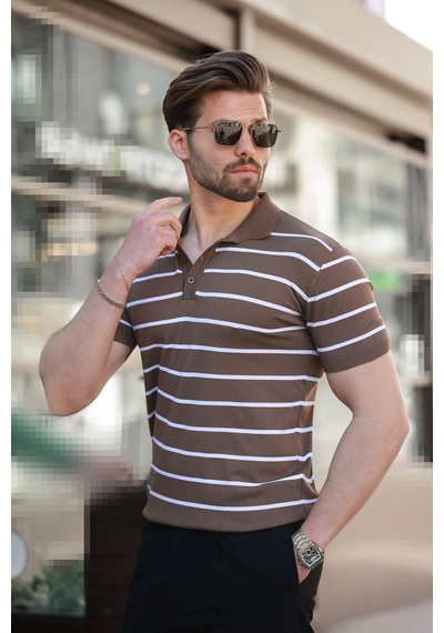 Madmext Vizon Çizgili Polo Yaka Erkek T-shirt E7405 Vizon