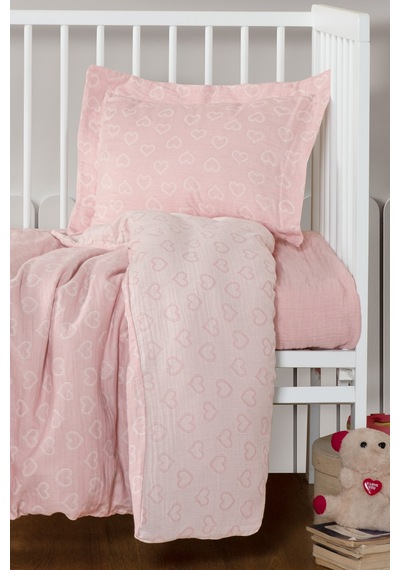 Bebek Müslin %100 Pamuk Jakarlı Nevresim Takımı - Heart Pembe Pembe