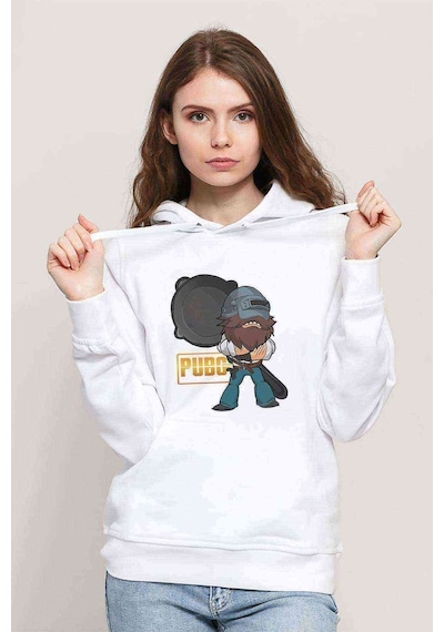 Pubg Tava Baskılı Beyaz Kadın Kapşonlu Sweatshirt