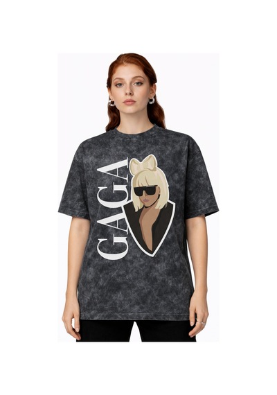Sevbano Tasarım Lady Gaga Şarkıcı Baskılı Unisex Oversize Vintage Yıkamal Siyah