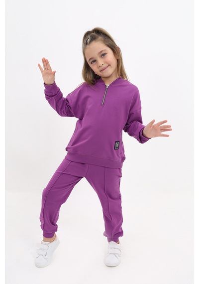 Toontoy Kids Kız Çocuk 2'li Takım Baskılı Kolej Yaka Fermuarlı Cepli Sweatshirt & Beli Paçası Ribanalı Jogger Eşofman Altı - Nervürlü & 2 İplik Mor Toontoy Kids Kız Çocuk 2'li Takım Baskılı Kolej Yaka Fermuarlı Cepli Sweatshirt & Beli Paçası Ribanalı Jogger Eşofman Altı - Nervürlü & 2 İplik Mor