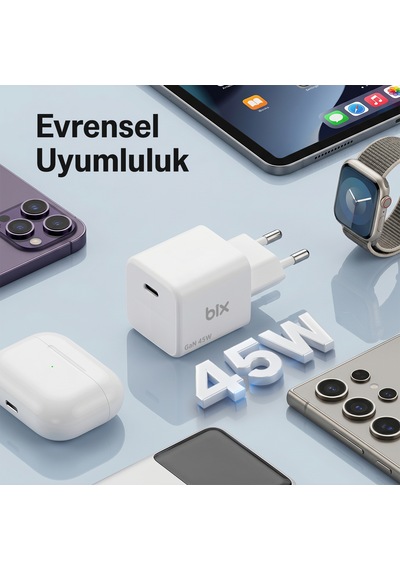 Bix Bx1p46g Gan Teknolojili Apple iPhone & Android Uyumlu 45w Type-c Pps/avs Destekli Hızlı Şarj Cihazı Beyaz