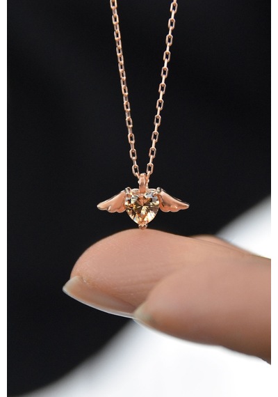 Papatya Silver 925 Ayar Gümüş Rose Kaplama Sitrin Kalp Kanat Kolye