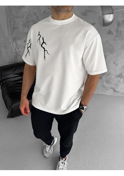 Erkek Kısa Kol Tişört Bisiklet Yaka Yıldırım Baskılı Oversize T-shirt - Beyaz