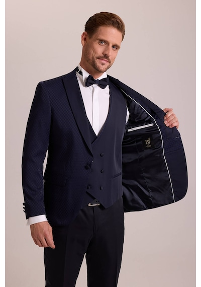 Ysf Erkek Lacivert Kırlangıç Yaka Yelekli Desenli Slim Fit Damatlık