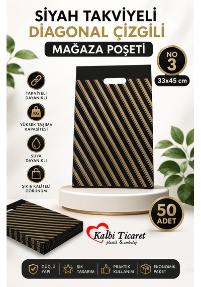 Mağaza Poşeti Çizgili Siyah Poşet No 3 50'li Diagonal Takviyeli Poşet 33x45 Cm