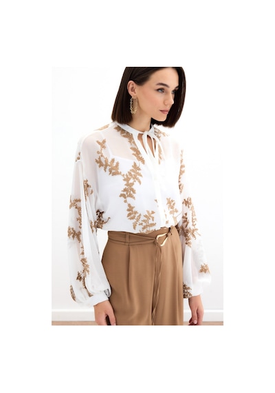 Sateen Nakışlı Şifon Gömlek - Camel-136180 CAMEL