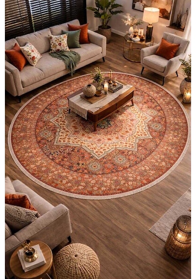 Frenda Home Vintage Desen Pamuk Taban Baskılı Yıkanabilir Yuvarlak Halı Kırmızı