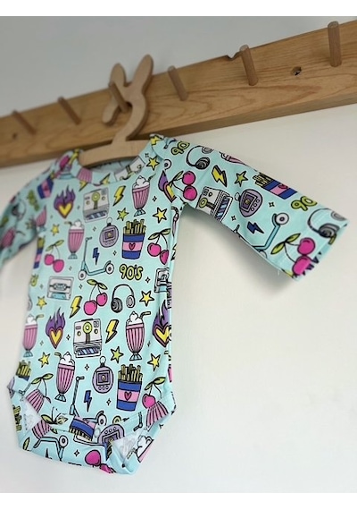 Key Kids Retro 90's Kirazlı Mavi Pembe %100 Organik Pamuklu Kız Unisex Bebek Body Zıbın
