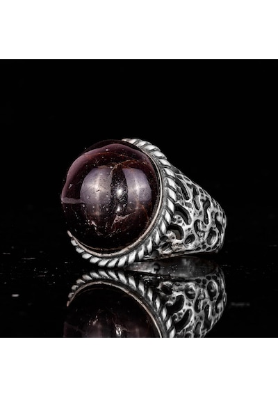 925 Ayar Gümüş Erkek Yüzük Doğal Yıldız Garnet Taşı - Nadir İşlenmemiş Garnet Kaboşon Gümüş