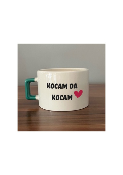 Kocam Da Kocam Baskılı Sarı Kulplu Kare Kupa - Sevgililer Günü Hediyesi Bardak Fincan Mug Yeşil Kulp