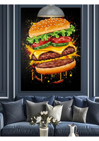 Üç Katlı Büyük Ve Lezzetli Hamburger Dekoratif Kanvas - Mdf Ahşap Tablo
