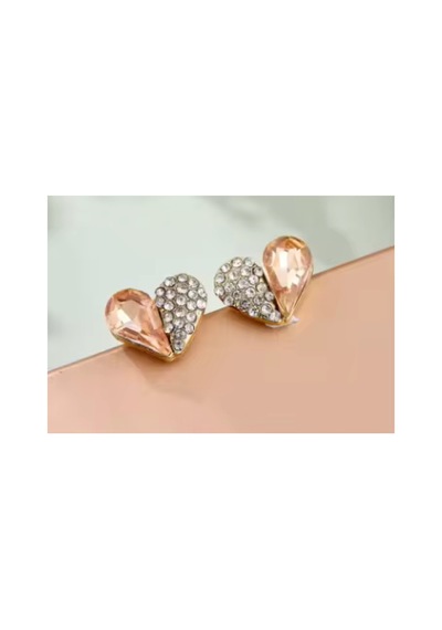 Amorette - Pembe Zirkon Beyaz Kristal Taşlı Şık Kalp Şeklinde Tasarım Sevgiliye Hediye Küpe Gold