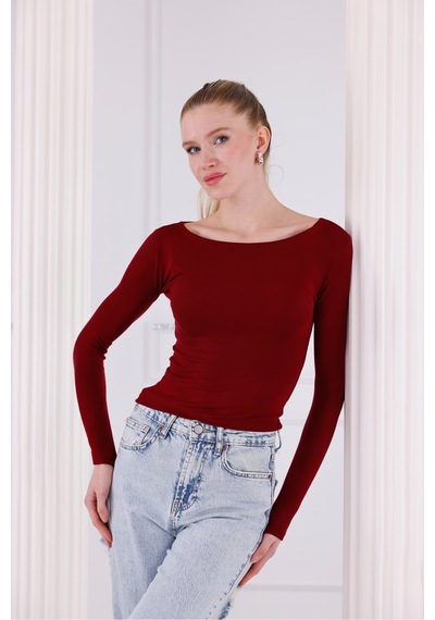Qscob Buzzy Kumaş Uzun Kollu Kayık Yaka Bluz Bordo